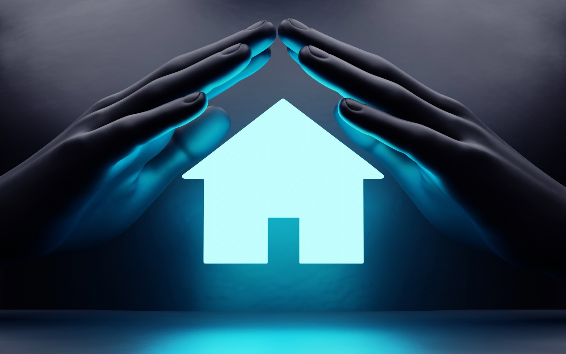 Casa en color azul claro flotando en el aire y reflejando color azul y cubierta por dos mano oscuras