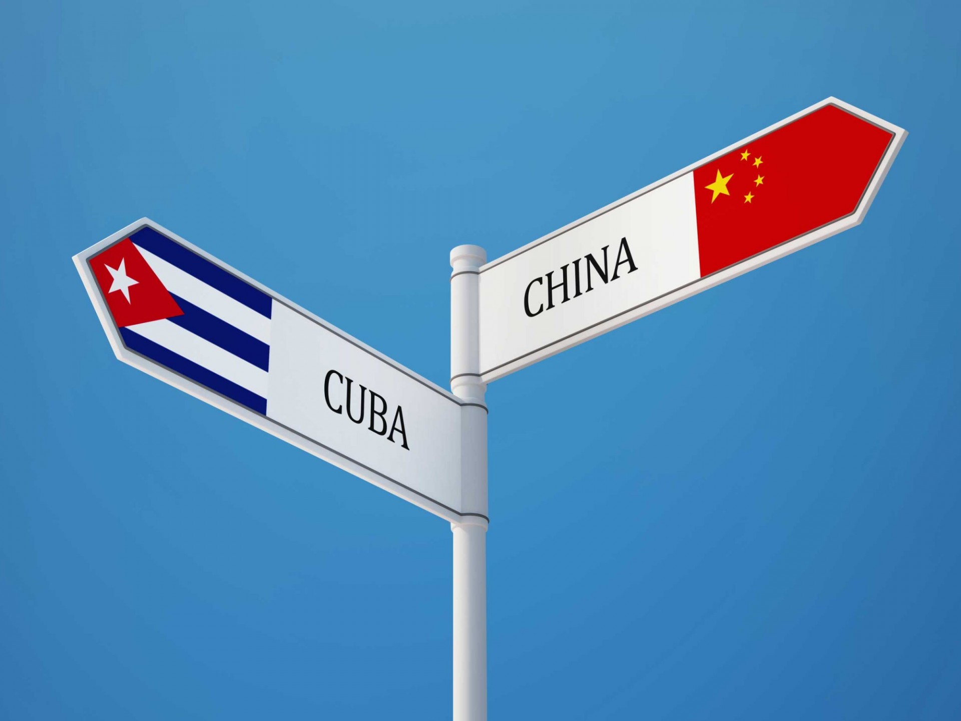 señales con las banderas cubanas y chinas apuntando en diferente direcciones