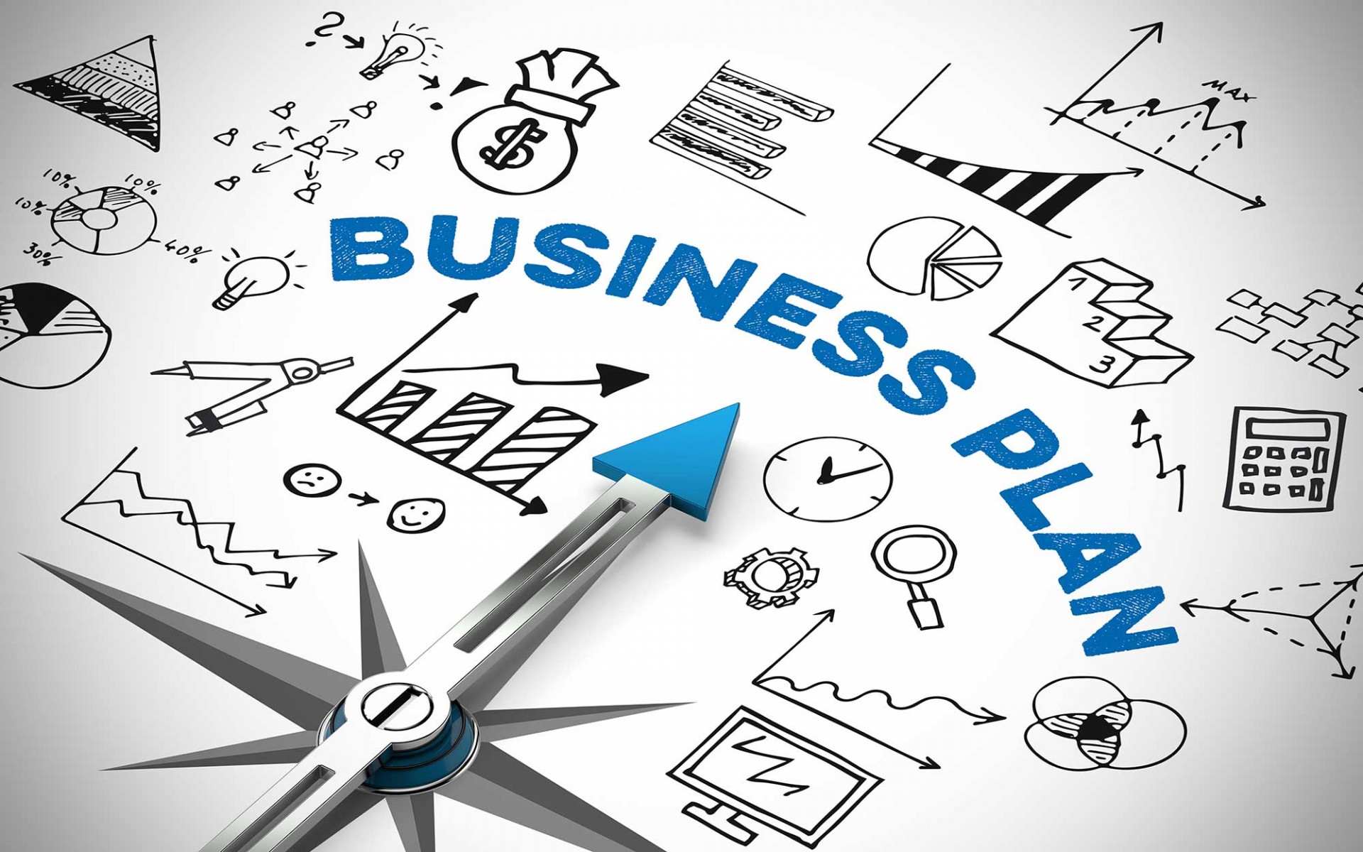 Black images on white with a dial pointing to the words "business plan" in blue letters.