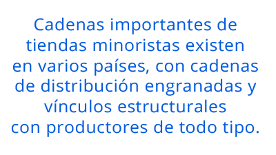 Cadenas importantes de tiendas minoristas existen en varios países, con cadenas de distribución engranadas y vínculos estructurales con productores de todo tipo. pull quote 2
