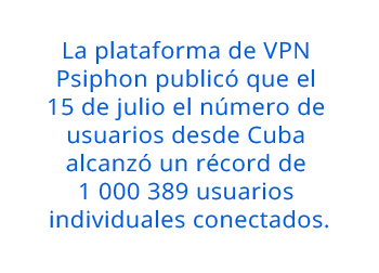 La plataforma de VPN Psiphon publicó que el 15 de julio el número de usuarios desde Cuba alcanzó un récord de 1 000 389 usuarios individuales conectados.