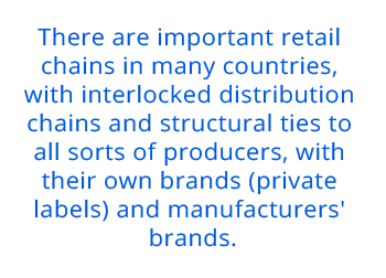 There are important retail  chains in many countries,  with interlocked distribution  chains and structural ties to  all sorts of producers, with  their own brands (private  labels) and manufacturers'  brands.