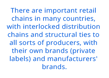 There are important retail chains in many countries, with interlocked distribution chains and structural ties to all sorts of producers, with their own brands (private labels) and manufacturers' brands.