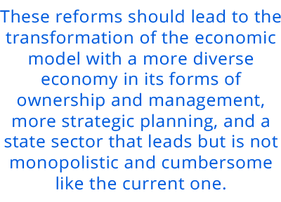 These reforms should lead to the transformation of the economic model with a more diverse economy in its forms of ownership and management, more strategic planning, and a state sector that leads but that is not monopolistic and cumbersome like the current one.
