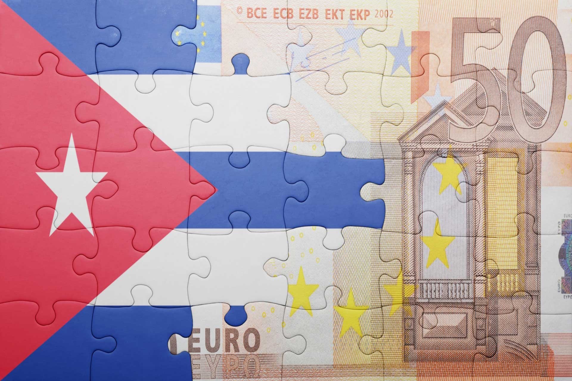 
puzzle with cuban flag superimposed over and bill of the European Union (EU)
