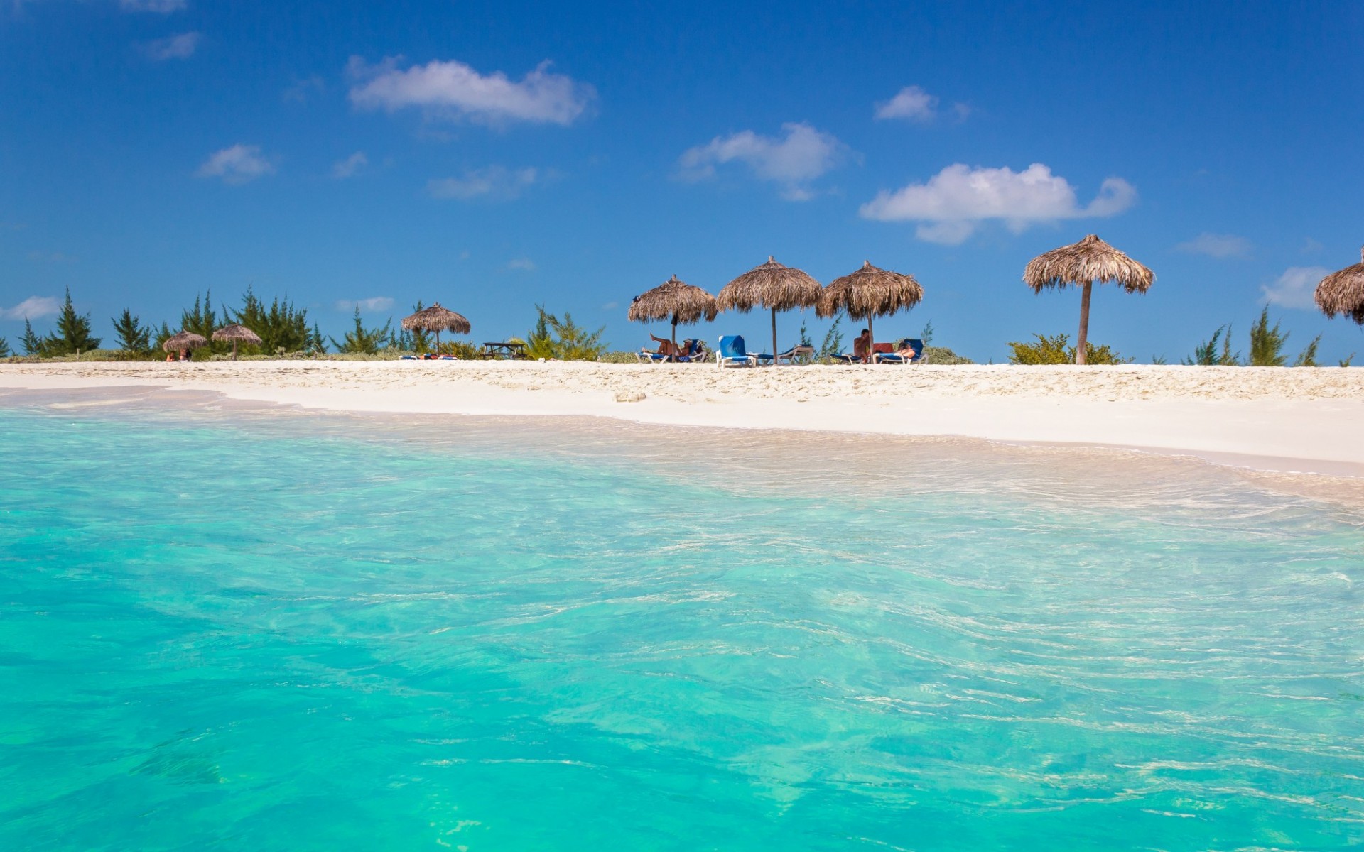 Cuban beach with white sands, turquoise waters and blue skies with umbrellas in the distance