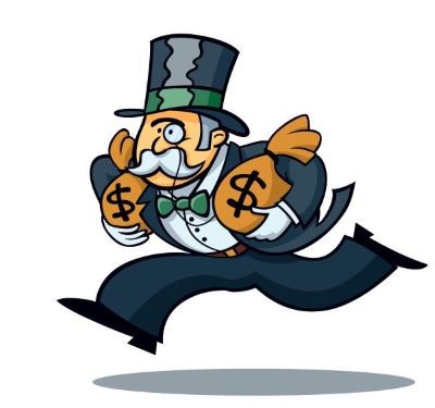 hombre con sombrero alto, monóculo y bigotes escapándose con bolsas de dinero