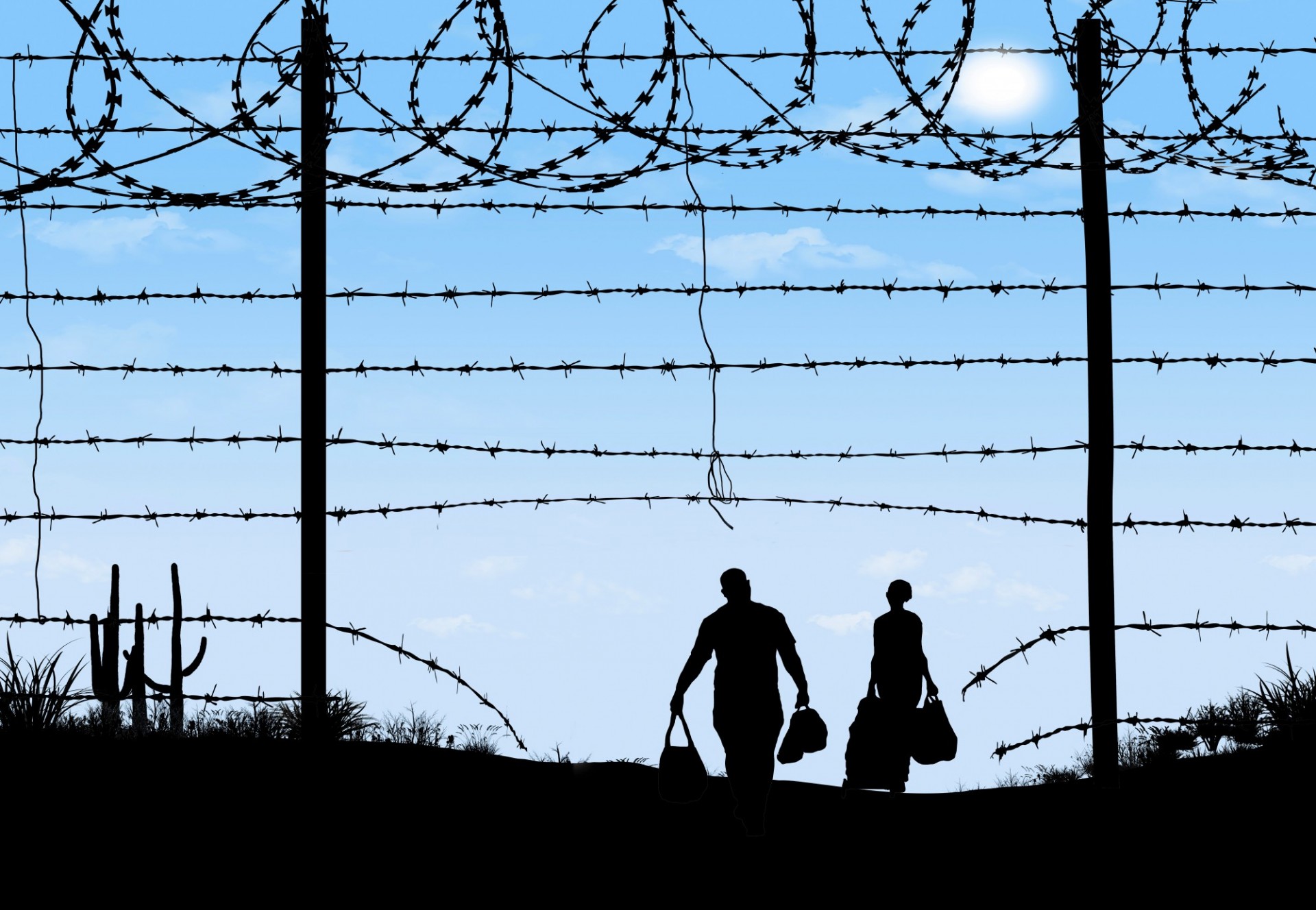 Male and female figures with suitcases crossing through an opening in a border fence
