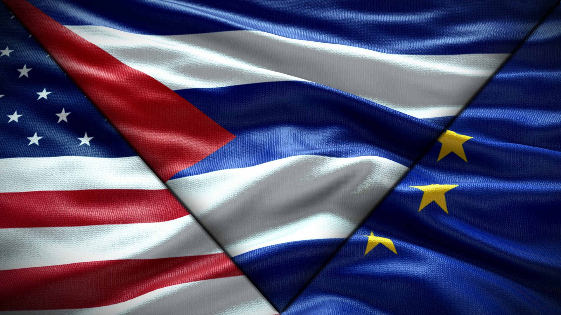 flags of the U.S., Cuba and the European Union folded together in triangles