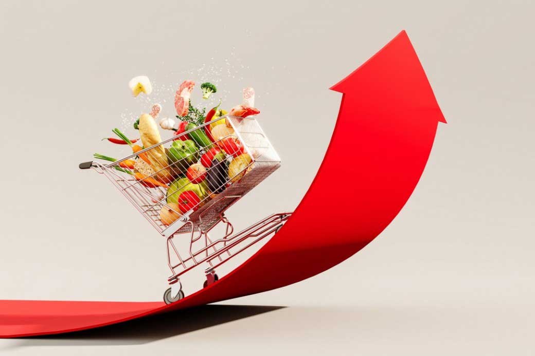 hd3dsh/stockadobe.com flecha roja disparándose para arriba con carrito de comida -