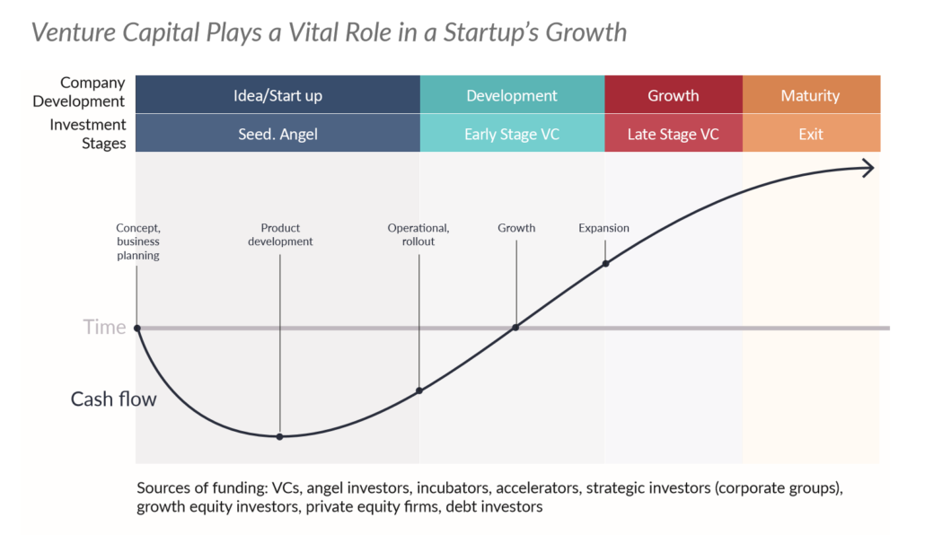 El gráfico muestra cuatro etapas de desarrollo de la empresa: desde el inicio hasta la madurez