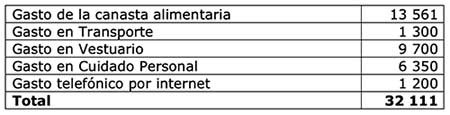 Tabla 5 resume los gastos incluidos en las tablas anteriores de, canasta básica alimentaria, transporte, vestuario, cuidado personal y comunicaciones