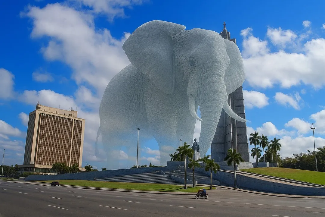 The image symbolically represents the tension between military power and institutional transparency in Cuba. The invisible elephant, of monumental dimensions, emerges silently from the MINFAR building in the Plaza of the Revolution, suggesting the scale and persistence of power structures that remain unseen in the national reality.