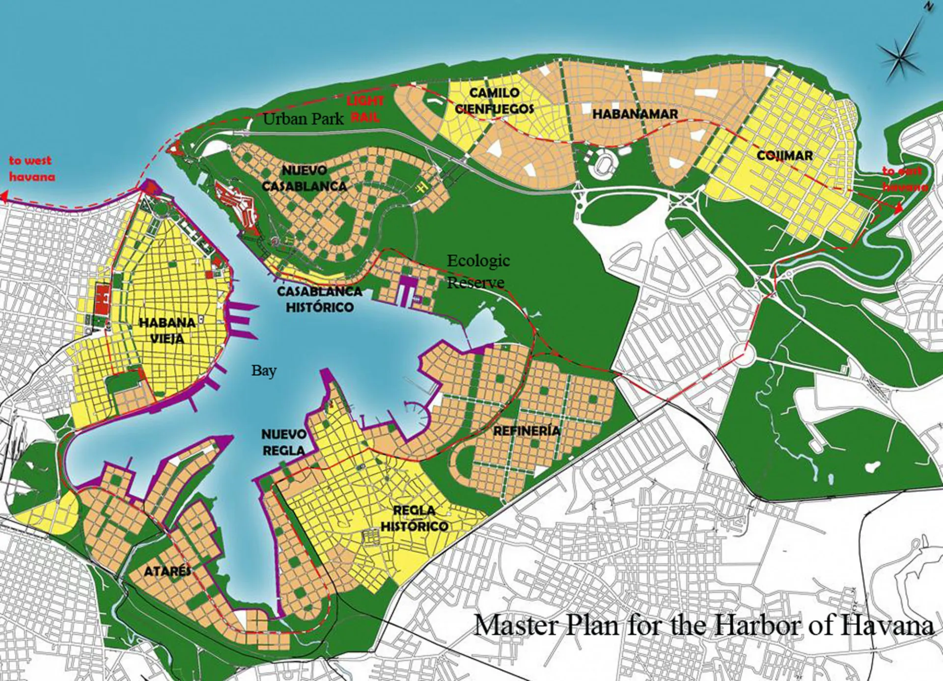 Ilustración de un mapa topográfico de la zona del puerto de La Habana que muestra el trazado de las calles y las zonas verdes.