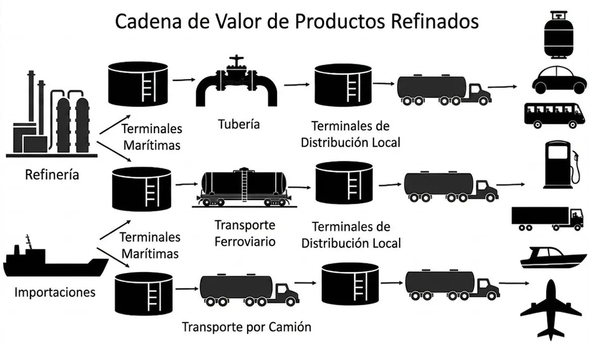 La primera línea presenta iconos que representan la cadena de valor del petróleo, comenzando por la refinería, el almacenamiento marítimo, el oleoducto, las terminales de distribución local y el transporte en camiones cisterna hasta el cliente final. La segunda línea muestra la misma cadena, pero no comienza en la refinería, sino con las importaciones de petróleo.