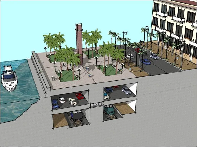 Dibujo en perspectiva que muestra dos niveles de túneles propuestos, con una zona de parque encima y la bahía a la izquierda.