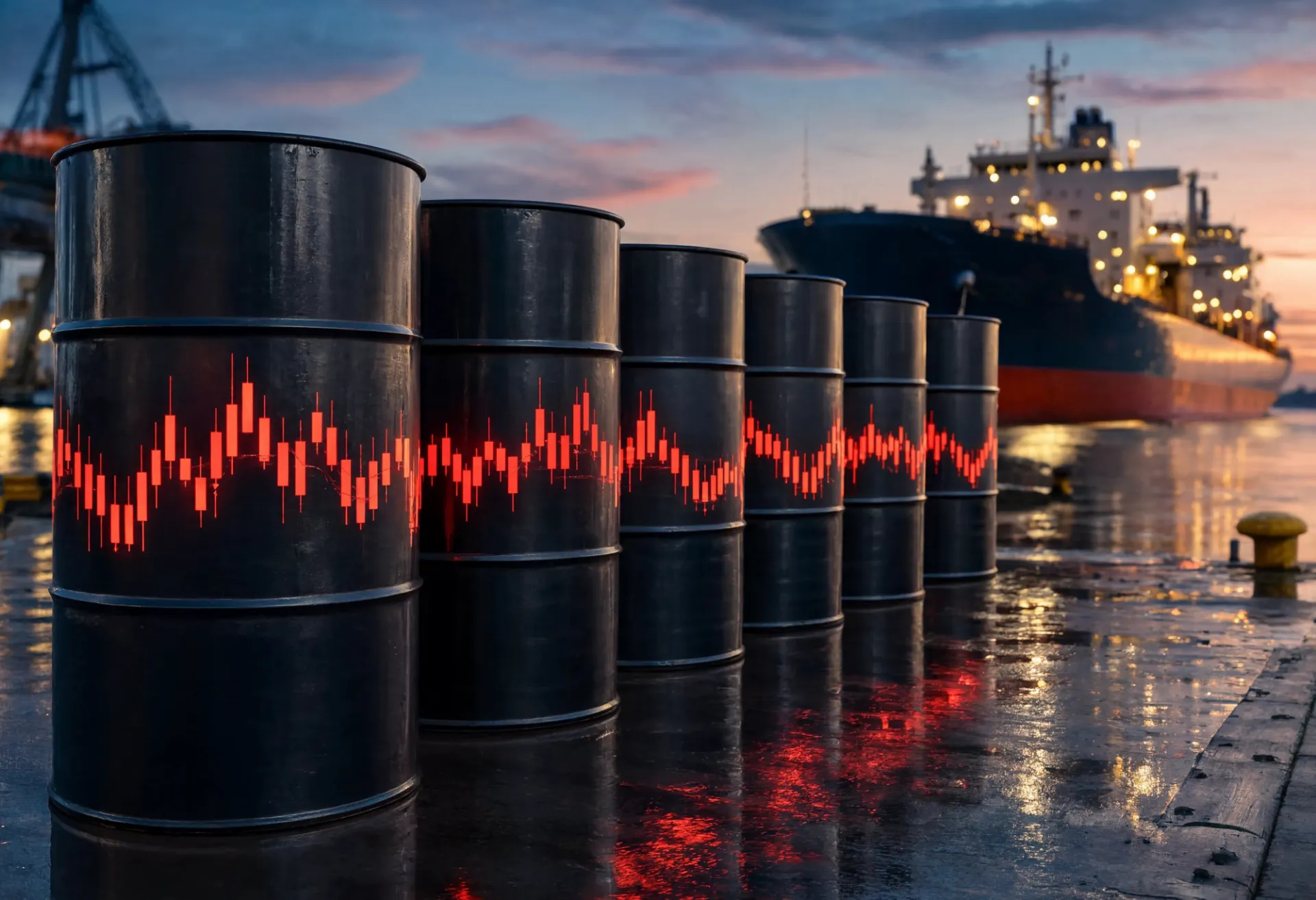Barriles de petróleo pintados de negro con líneas rojas en un muelle al atardecer, con la imagen de un gran carguero al fondo.
