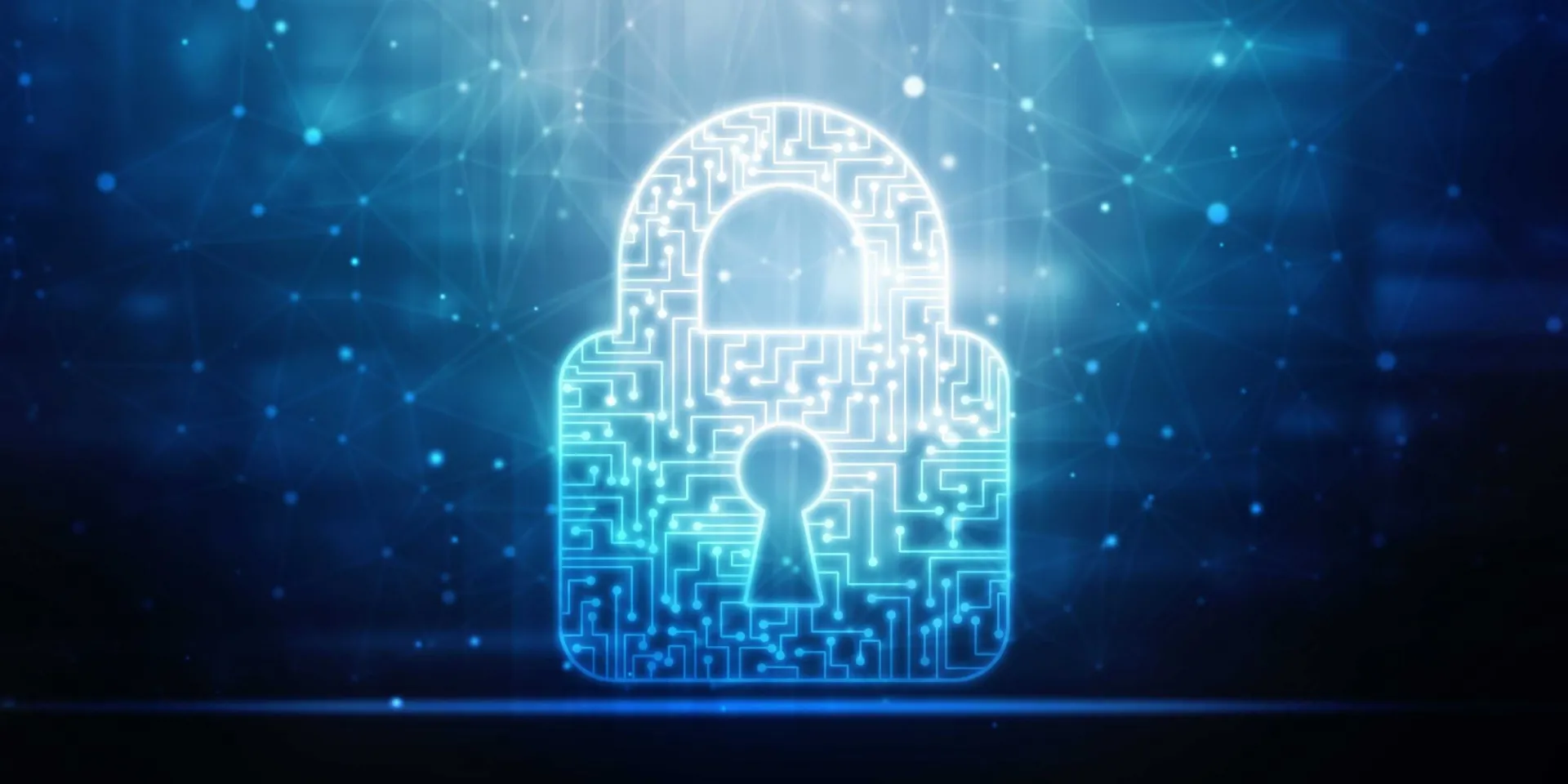 Image of a lock made of lights that is shut and a blue background with stars