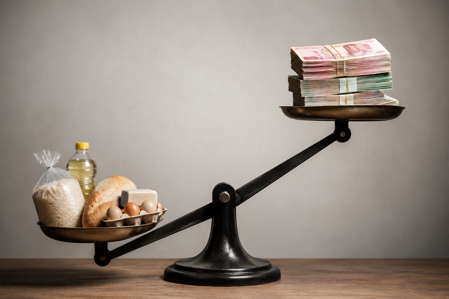 A conceptual image of a black balance scale resting on a wooden table. On one side appear staple foods—such as rice, oil, bread, eggs, and cheese—while on the other side, several stacks of banknotes are piled up. The scale tilts toward the side of the money, symbolizing rising prices, inflation, and the loss of household purchasing power.