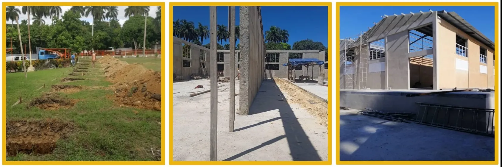 A three-image collage shows the progress of a construction project. First image (left): Beginning of construction with holes in the ground and workers on a green lot. Second image (center): Construction in progress with walls up and a clear workspace. Third image (right): Nearly finished building with a metal roof, windows in place, and tools all around.