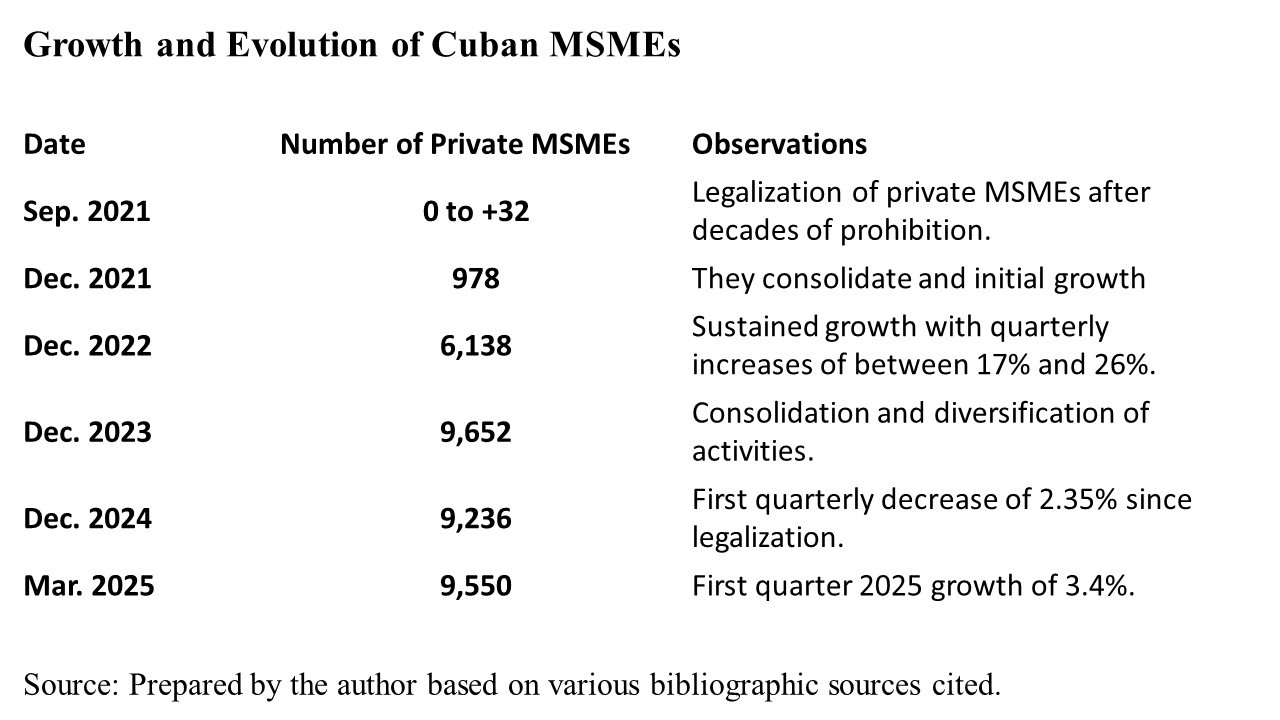 The image shows a table of the growth and evolution of private MSMEs from their legalization in September 2021 to March 2025.