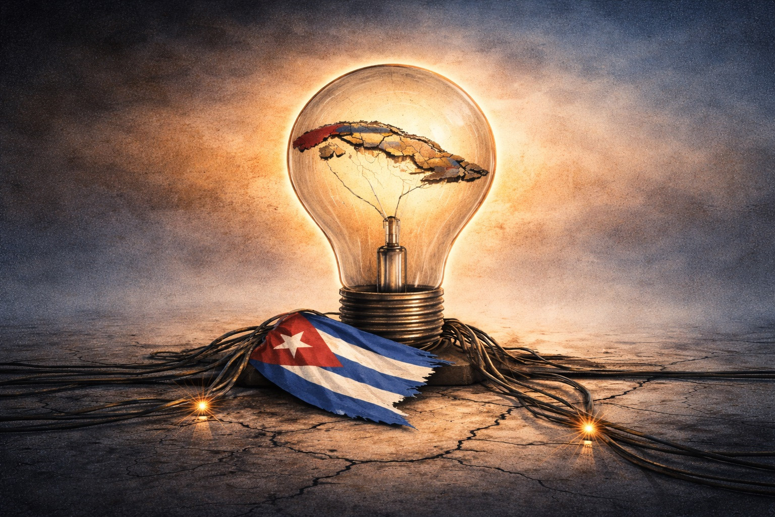 Ilustración conceptual de una bombilla encendida y agrietada, dentro de la cual se distingue la silueta del mapa de Cuba fracturado. La bombilla descansa sobre un suelo cuarteado y está rodeada de cables eléctricos deteriorados, con una bandera cubana desgastada en la base. La imagen simboliza la fragilidad del sistema eléctrico y la crisis energética del país.