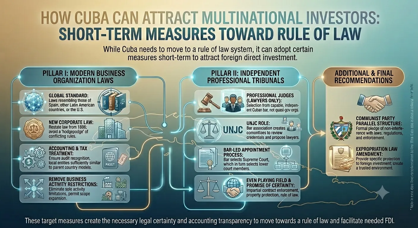 Infographic outlining short-term measures to help Cuba attract foreign direct investment by strengthening the rule of law. It is organized around three pillars: modern business organization laws, independent professional tribunals, and additional legal and institutional reforms. The diagram uses icons, flow lines, and brief text to illustrate how legal certainty, judicial independence, and stronger property rights could improve the investment climate.