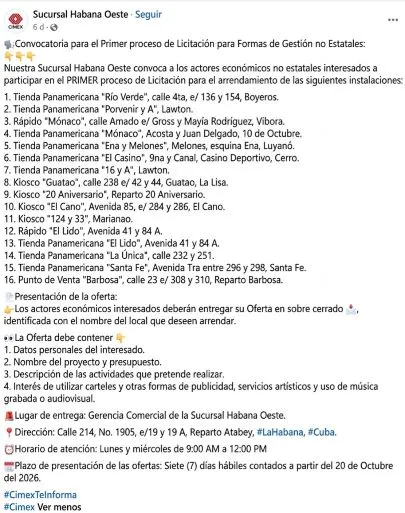 The image shows a screenshot of a Facebook post by the West Havana Branch of the CIMEX corporation. The formal text details the official call for the first bidding process aimed at non-state management forms. It lists sixteen facilities available for lease—such as stores and kiosks—along with delivery requirements, necessary documentation, location, schedule, and the seven-business-day deadline starting from October 20, 2026.