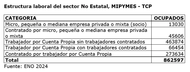 La imagen muestra una tabla con la estructura laboral del sector no estatal en 2024, específicamente relacionada con las MIPYMES y Trabajadores por Cuenta Propia (TCP).