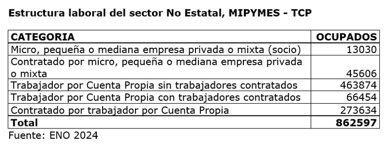 La imagen muestra una tabla con la estructura laboral del sector no estatal en 2024, específicamente relacionada con las MIPYMES y Trabajadores por Cuenta Propia (TCP).