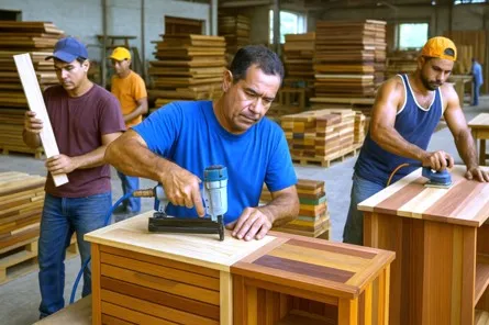 La imagen muestra un taller de carpintería cubano donde varios trabajadores elaboran muebles de madera a gran escala. El entorno está bien iluminado y lleno de tablas apiladas, destacando una variedad de tipos de madera y un ambiente de producción activa dentro del sector privado cubano.