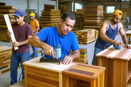 The image shows a Cuban carpentry workshop where several workers are crafting wooden furniture on a large scale. The space is well-lit and filled with stacked boards, highlighting a variety of wood types and an active production environment within Cuba’s private sector.