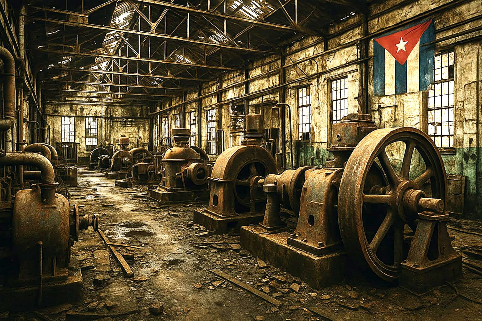 Rusty machinery in an abandoned factory with a Cuban flag hanging on the wall.