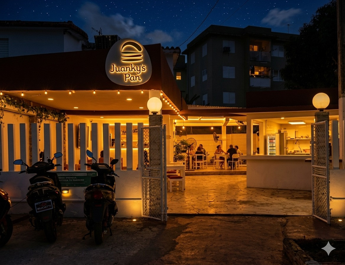 The facade of a small business named 'Juanky’s Pan' warmly lit at night. The establishment features an open design with tables where several people are seen talking and eating. Two motorcycles are parked at the entrance near an open white gate. In the background, residential buildings stand under a dark, starry sky, creating a cozy and peaceful atmosphere.