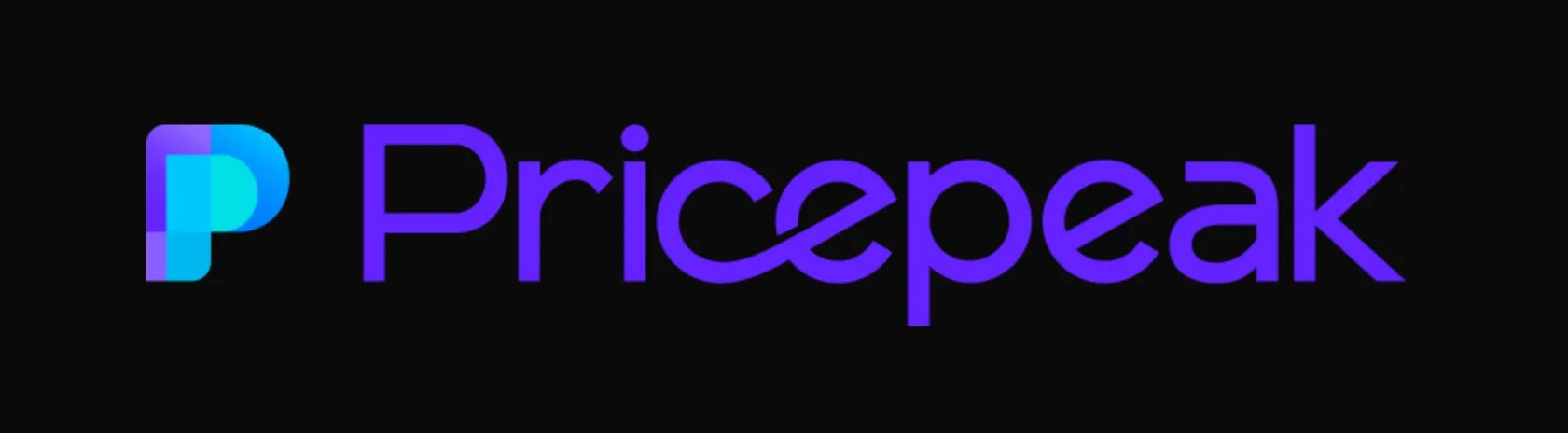 Letras moradas sobre fondo negro "Pricepeak"
