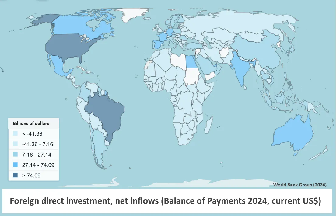 The map shows global net foreign direct investment in 2024 (World Bank). A blue scale represents the flows: darker tones indicate higher inflows (>$74.09 billion), while lighter or white tones indicate low or negative values (< -$41.36 billion). The United States and Brazil stand out with the highest levels.