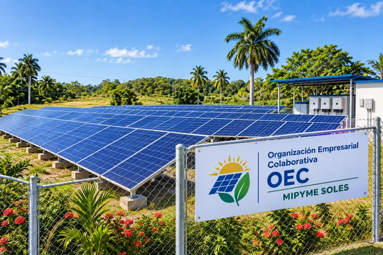 Fotografía de un amplio campo verde bajo un cielo azul, con varias hileras de paneles solares instalados sobre el terreno. Al fondo se observan palmeras, árboles y algunos animales en una zona rural. En primer plano, una valla identifica el proyecto como una Organización Empresarial Colaborativa (OEC) – Mipyme Soles.