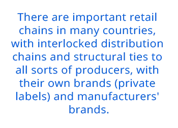 There are important retail  chains in many countries,  with interlocked distribution  chains and structural ties to  all sorts of producers, with  their own brands (private  labels) and manufacturers'  brands.
