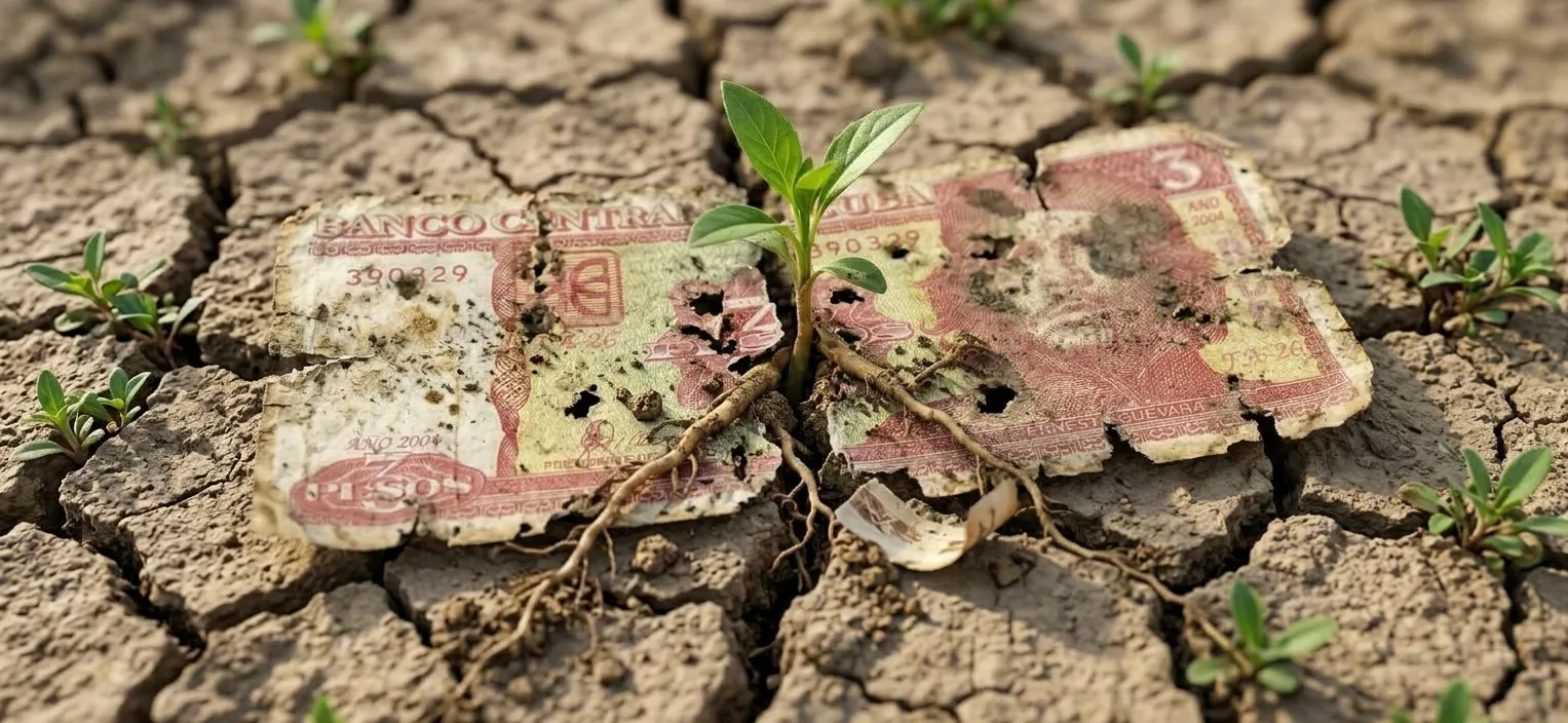 Fotografía cenital de un billete cubano de 3 pesos muy antiguo, ajado y desgastado por el tiempo, tendido sobre una tierra seca y profundamente agrietada. Una pequeña y frondosa planta verde brota desde las grietas del suelo, rompiendo y atravesando el centro del billete con sus raíces y tallo en un gesto de renacimiento.