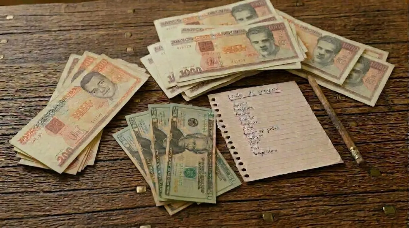 Una vista cenital de una mesa de madera rústica donde se organiza una lista de compras manuscrita junto a un lápiz y varios billetes de 1000 y 200 pesos cubanos, además de algunos dólares, dispuestos en grupos uniformes.