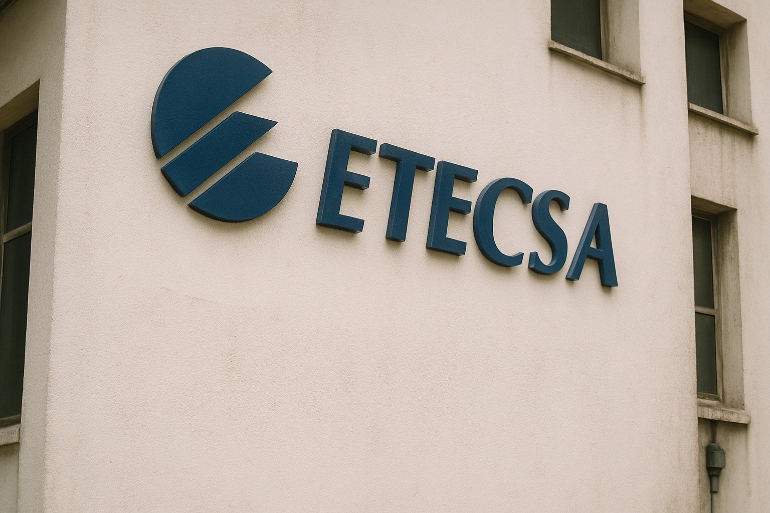 Fotografía digital de un edificio con el logotipo de la empresa de telecomunicaciones cubana ETECSA adherido a una de sus paredes. La imagen presenta un ángulo lateral que enfatiza las letras tridimensionales del logo sobre una pared clara.