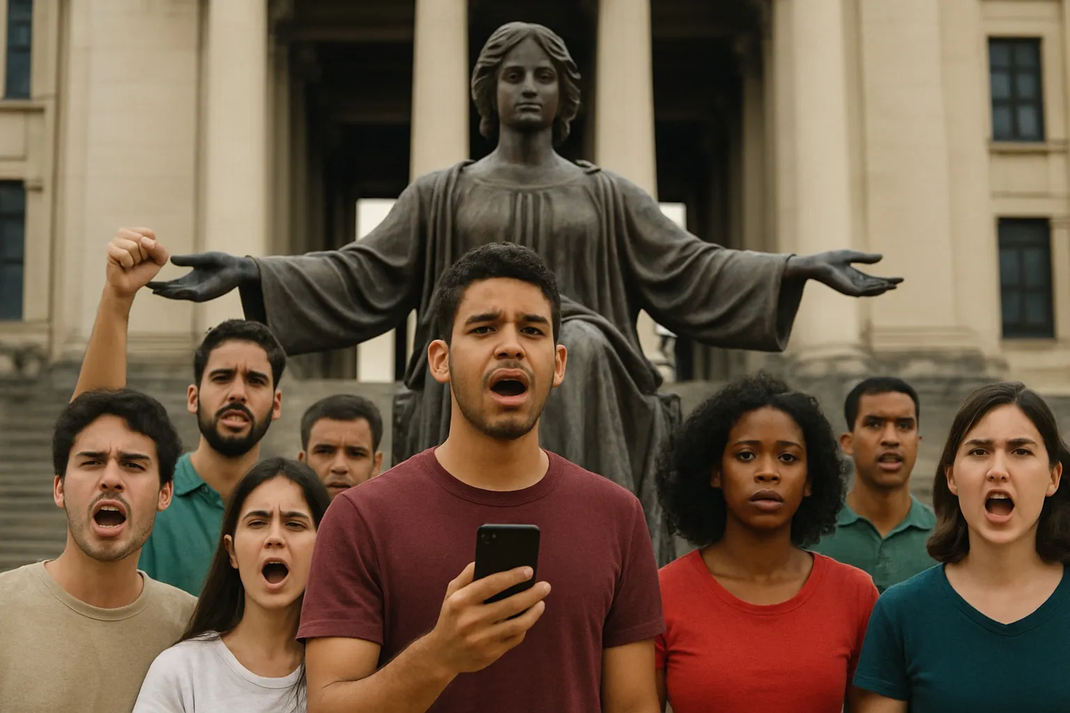 Eight young people, protesting, appear in front of the Alma Mater statue. The young man in the center holds a cell phone while others raise their fists. The background shows the university building's classic stairs and columns. The image is constructed with photorealism.