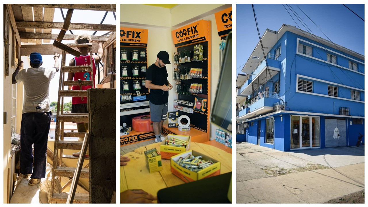 Collage de imágenes. Se observa un edificio multifamiliar de tres niveles en La Habana con un establecimiento comercial en su planta baja donde radica la empresa del entrevistado. En otra imagen se observa el interior de una tienda de materiales y herramientas para la construcción. En una tercera imagen aparecen dos albañiles en plena labor.