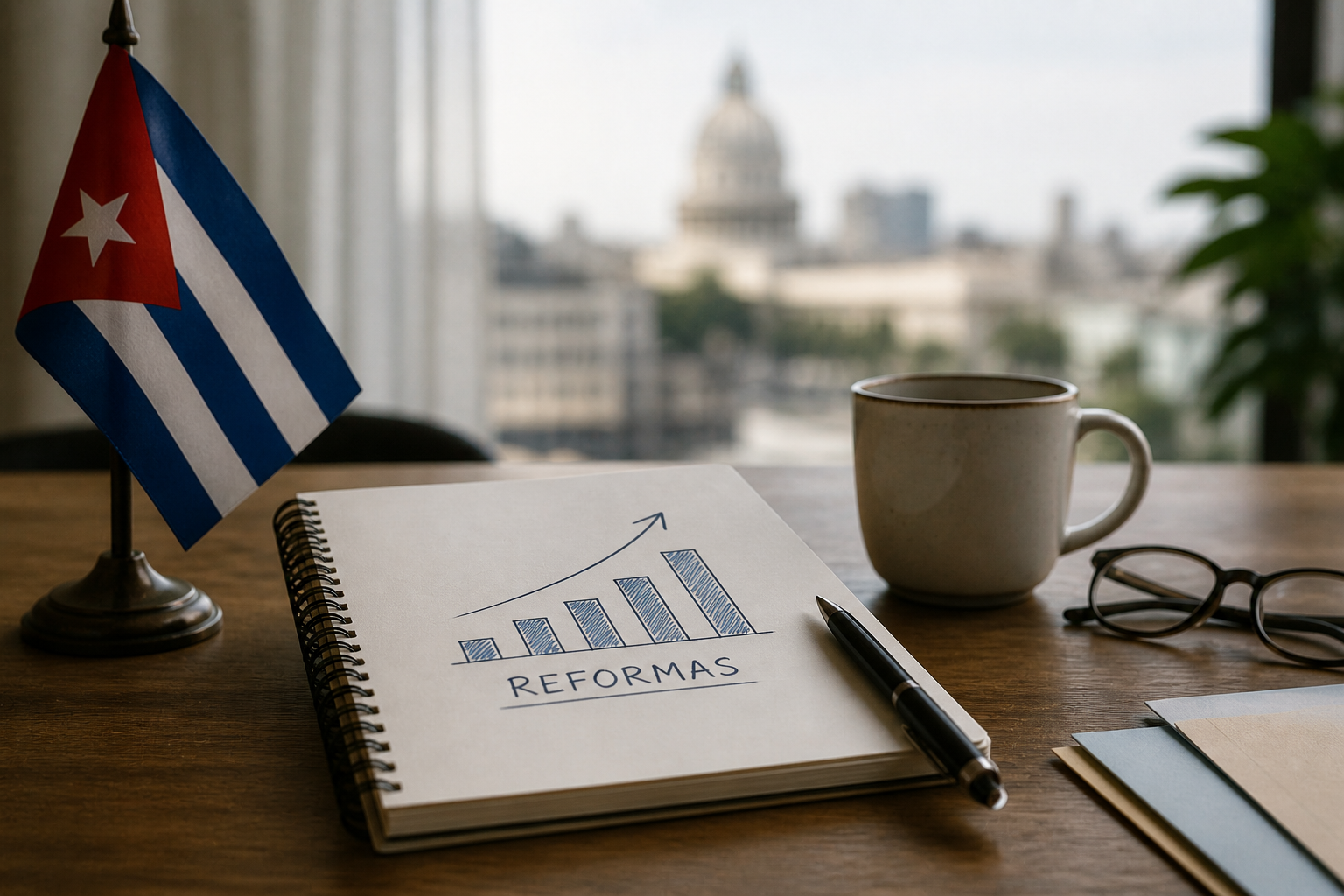 Sobre una mesa de trabajo se observa una pequeña bandera de Cuba junto a una libreta abierta con un gráfico ascendente y la palabra “Reformas” escrita debajo. A su lado hay una taza, un bolígrafo y unos espejuelos, mientras al fondo —desenfocado— se distingue un entorno urbano luminoso. La composición sugiere un contexto de análisis económico enfocado en crecimiento y transformación.