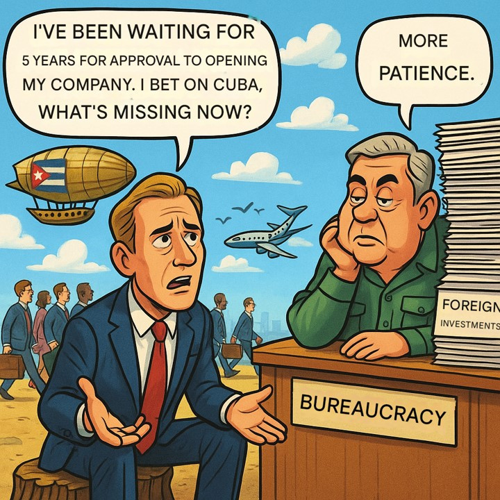 Image of man dressed in blue suit and tie pleading with a bureaucrat behind a desk dressed in green