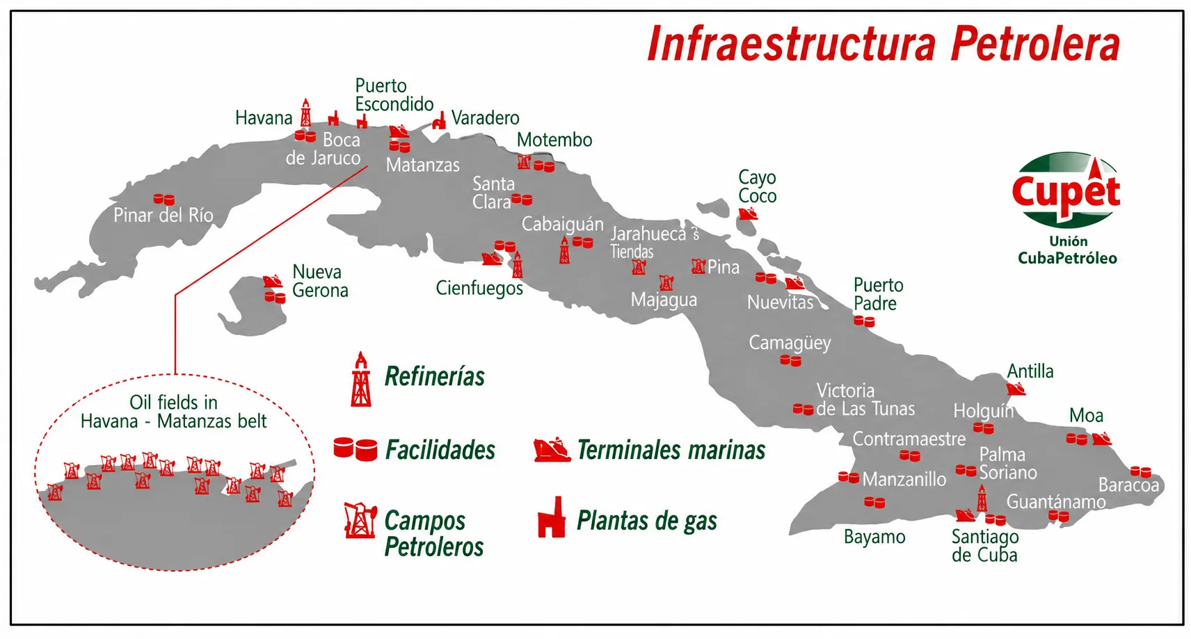 Map of Cuba showing the location of the petroleum infrastructure