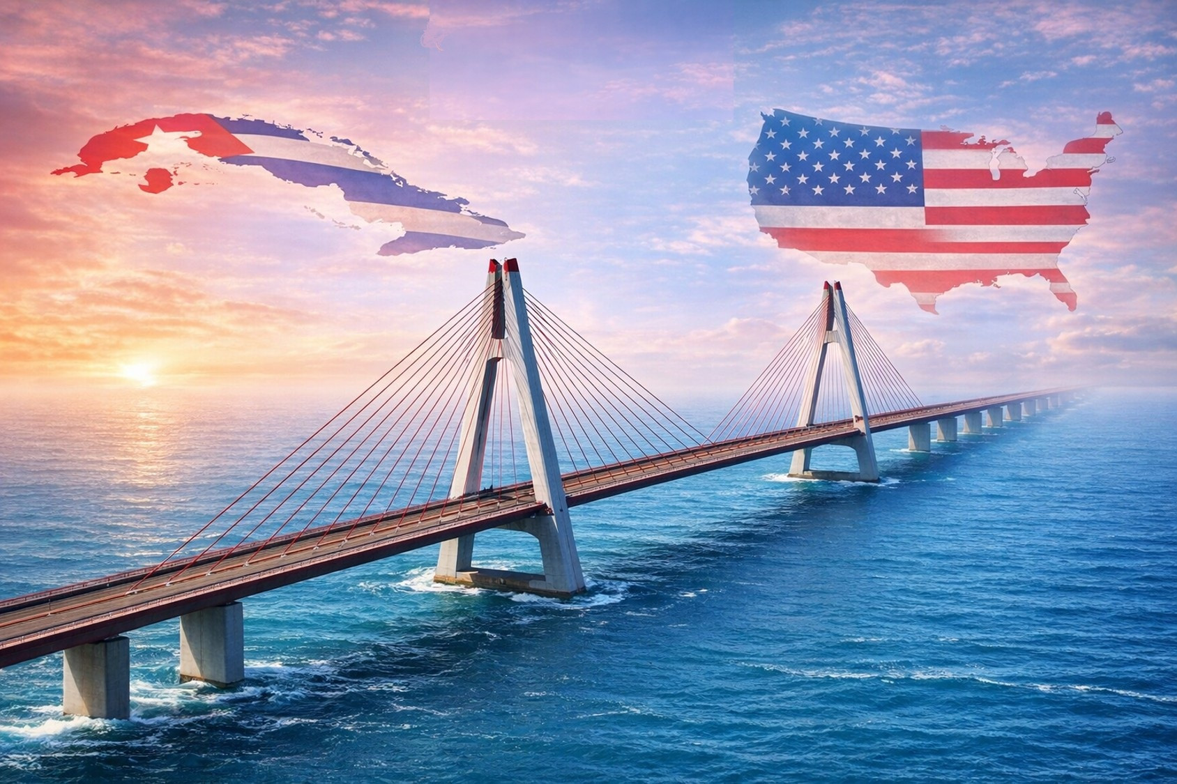 Imagen digital de un puente atirantado sobre un mar azul que une simbólicamente a Cuba y Estados Unidos. En el cielo, sobre un atardecer, flotan los mapas de ambos países con sus respectivas banderas. 