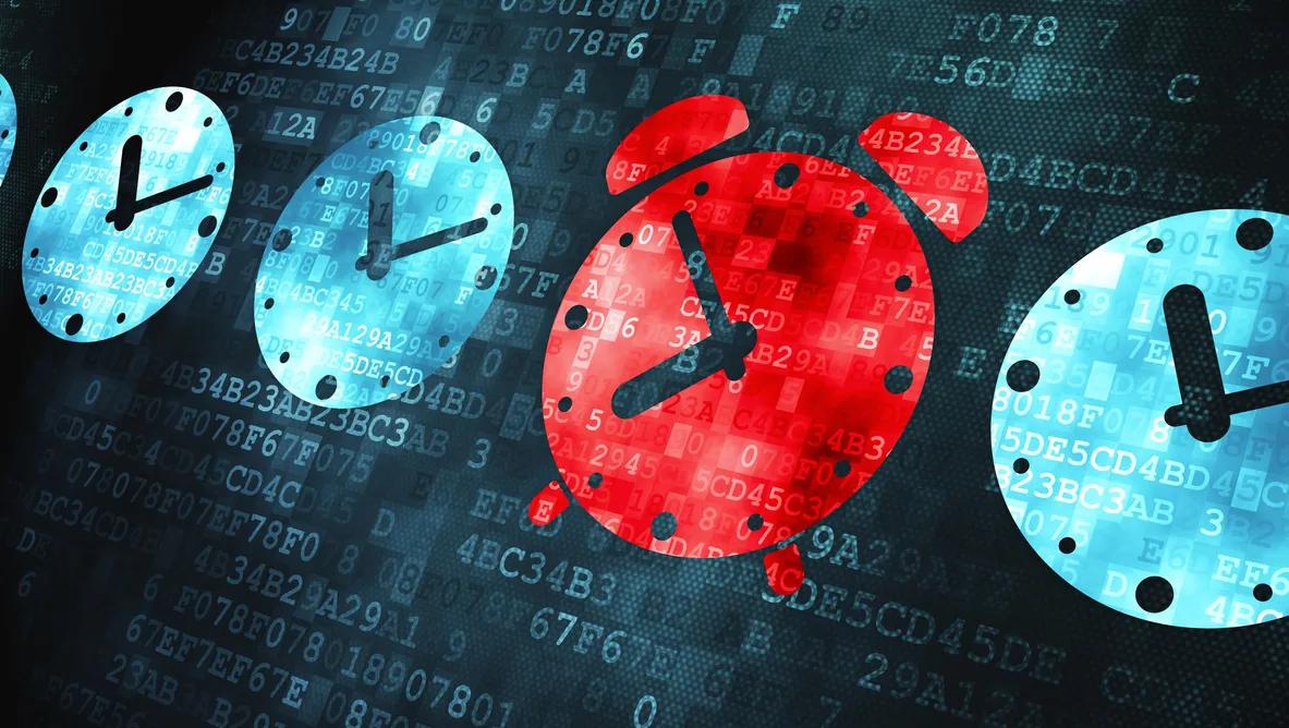 tres relojes azules y uno rojo en el medio contra un fondo negro