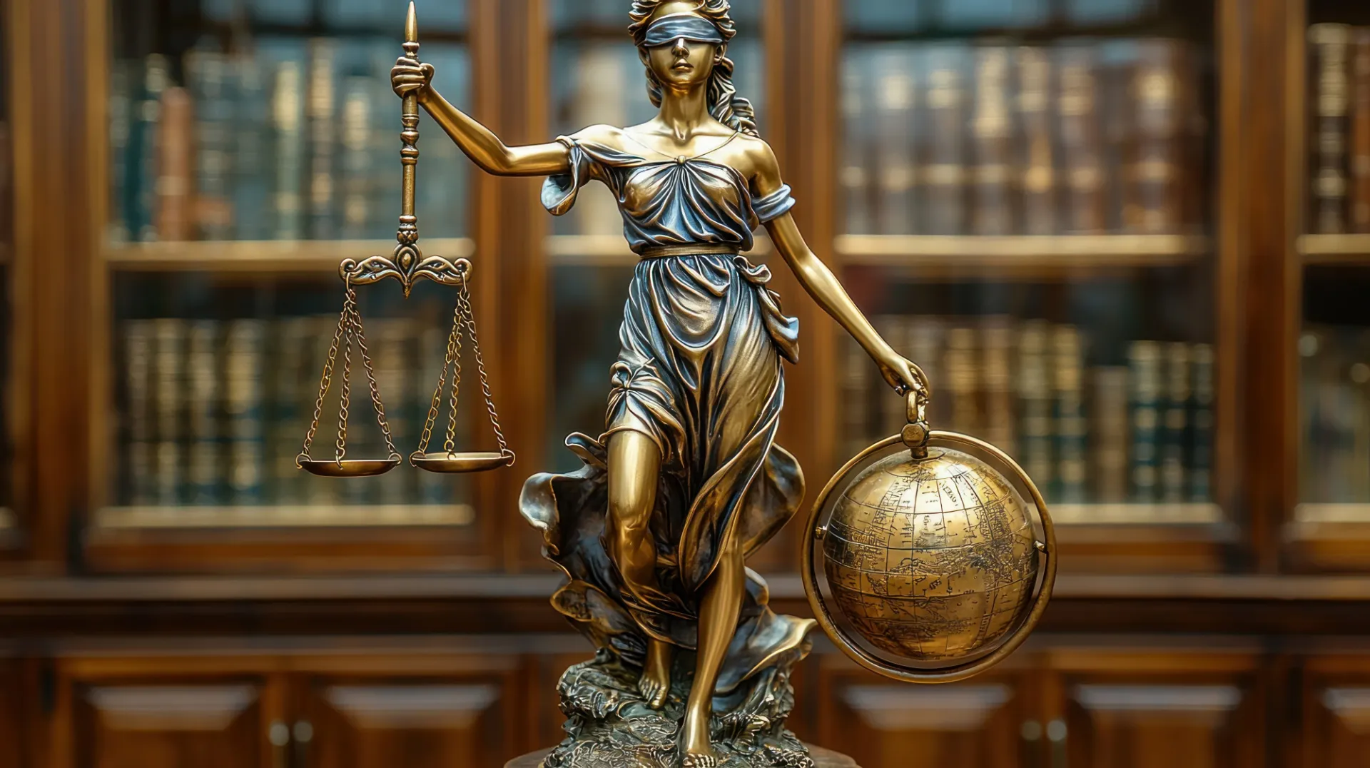 Statue of a blindfolded woman holding up the scales of justice in her right hand and the globe in her left in front of a library