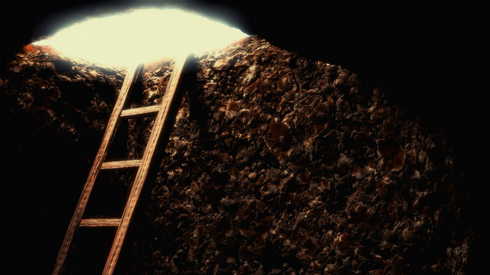 A wooden ladder leans against the inner wall of a dark underground pit. At the top, an opening is visible through which an intense light from outside enters, softly illuminating the ladder and the rim of the hole, while the rest of the space remains in shadow.